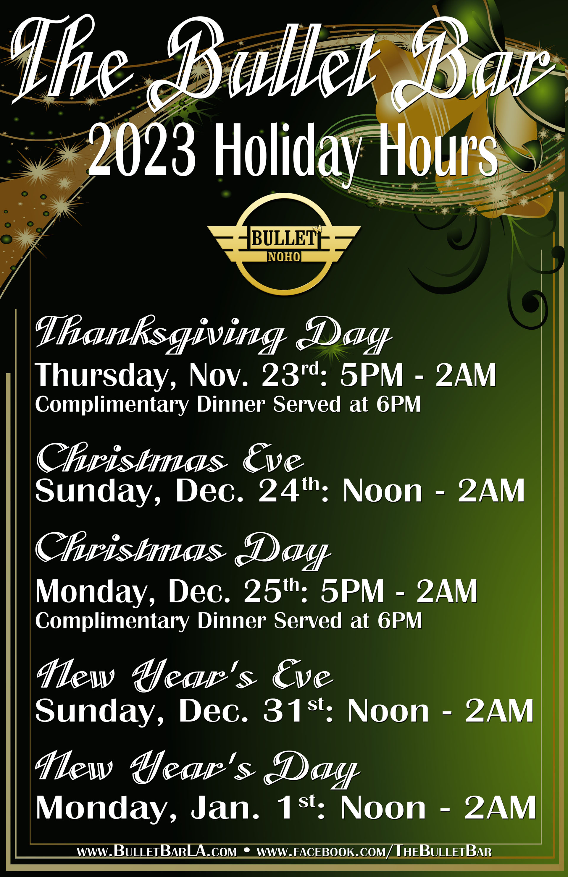 The Bullet Bar's Holiday Hours for 2023