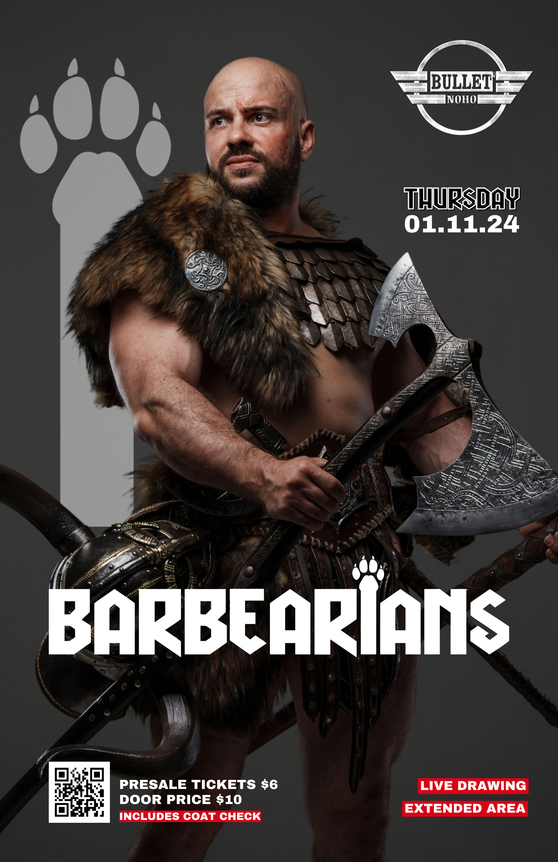 THE BULLET BAR Presents BARBEARIANS: A BEAR & LEATHER EVENT: Thursday, 01/11/24 at 9:00 PM. Presale Tickets $6 and Door Cover $10. Presales: https://humpevents.com/barbearians