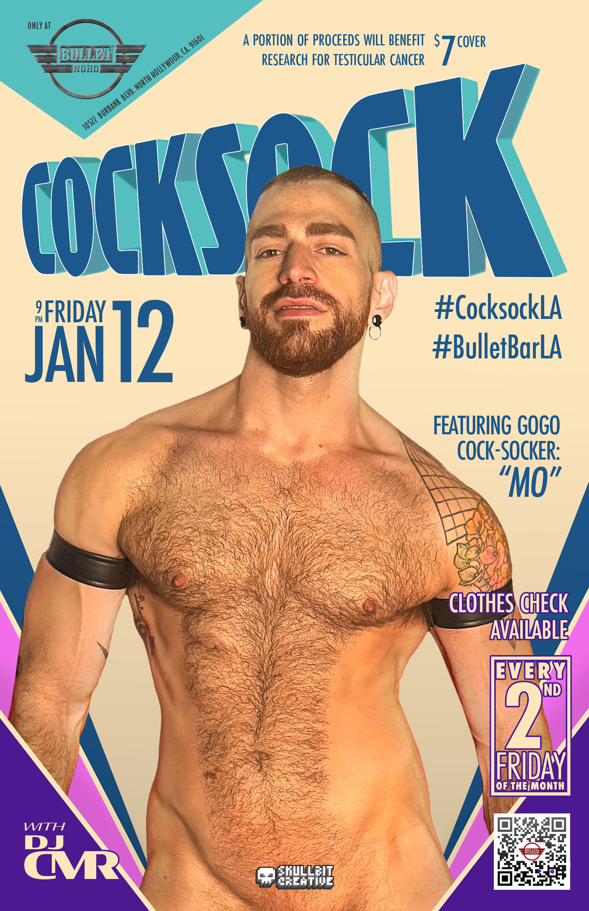 THE BULLET BAR & SKULLBIT CREATIVE Present COCKSOCK: Friday, 01/12/24 at 9:00 PM. $7 cover. Clothes Check available. A portion of the proceeds will go to benefit research for testicular cancer.