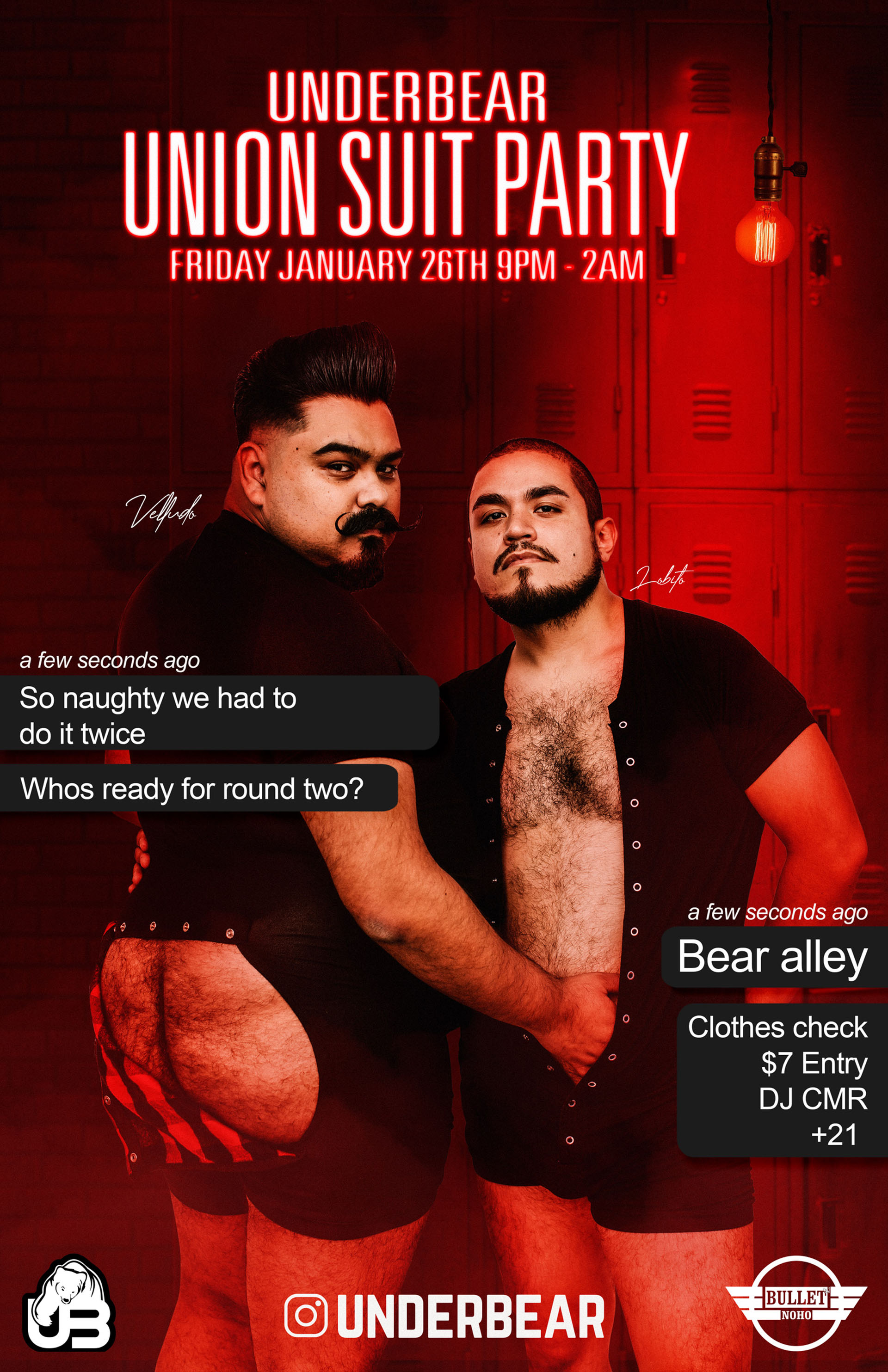 The Bullet Bar and UnderBearParty.com Present UNDERBEAR UNION SUIT PARTY with DJ CMR: Friday, 01/26/24 at 9:00 PM! BEAR ALLEY! $7 Cover.
