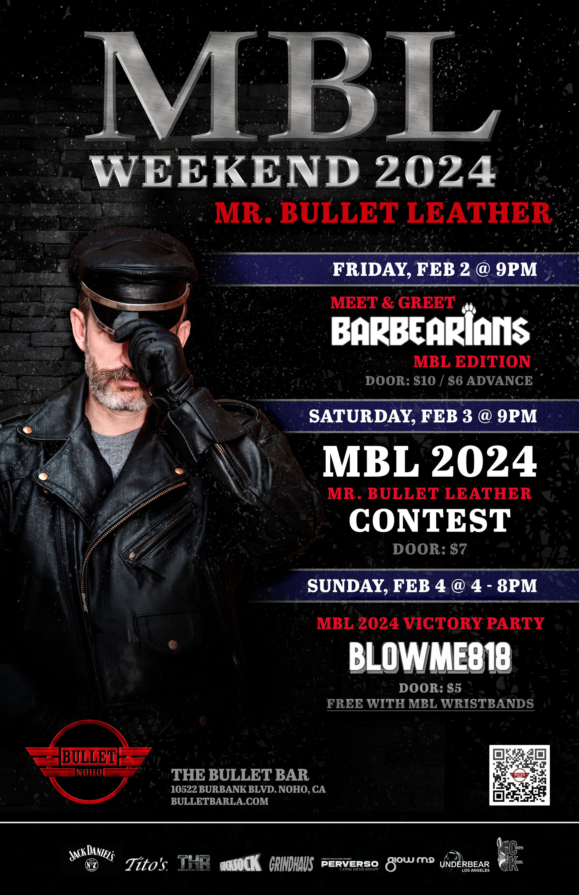 THE BULLET BAR Presents MR. BULLET LEATHER 2024: Saturday, 02/03/24 at 9:00 PM.  $7 Door Cover.