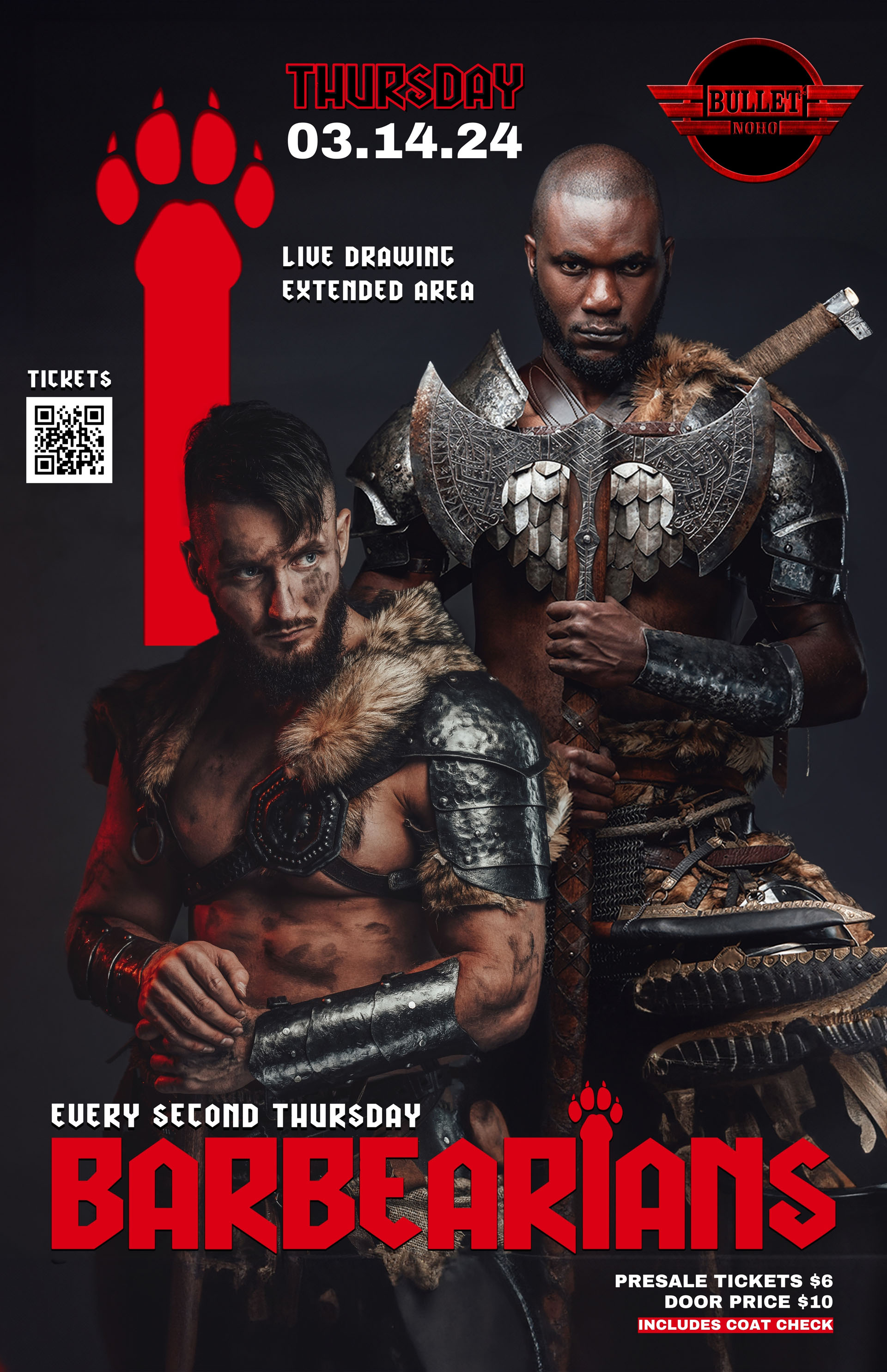 THE BULLET BAR Presents BARBEARIANS: A BEAR & LEATHER EVENT: Thursday, 03/14/24 at 9:00 PM. Presale Tickets $6 and Door Cover $10. Presales: https://www.eventbrite.com/e/barbearians-the-bullet-noho-tickets-820610436907?aff=bulletbar