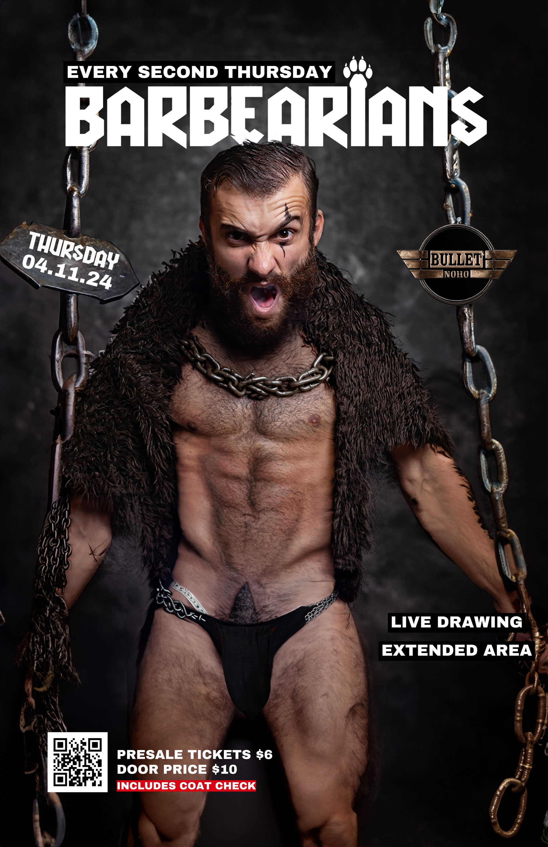 THE BULLET BAR Presents BARBEARIANS, A Bear & Leather Event: Thursday, 04/11/24 at 9:00 PM. Presale Tickets $6 and Door Cover $10. Presales: https://www.eventbrite.com/e/barbearians-the-bullet-noho-tickets-861353721167