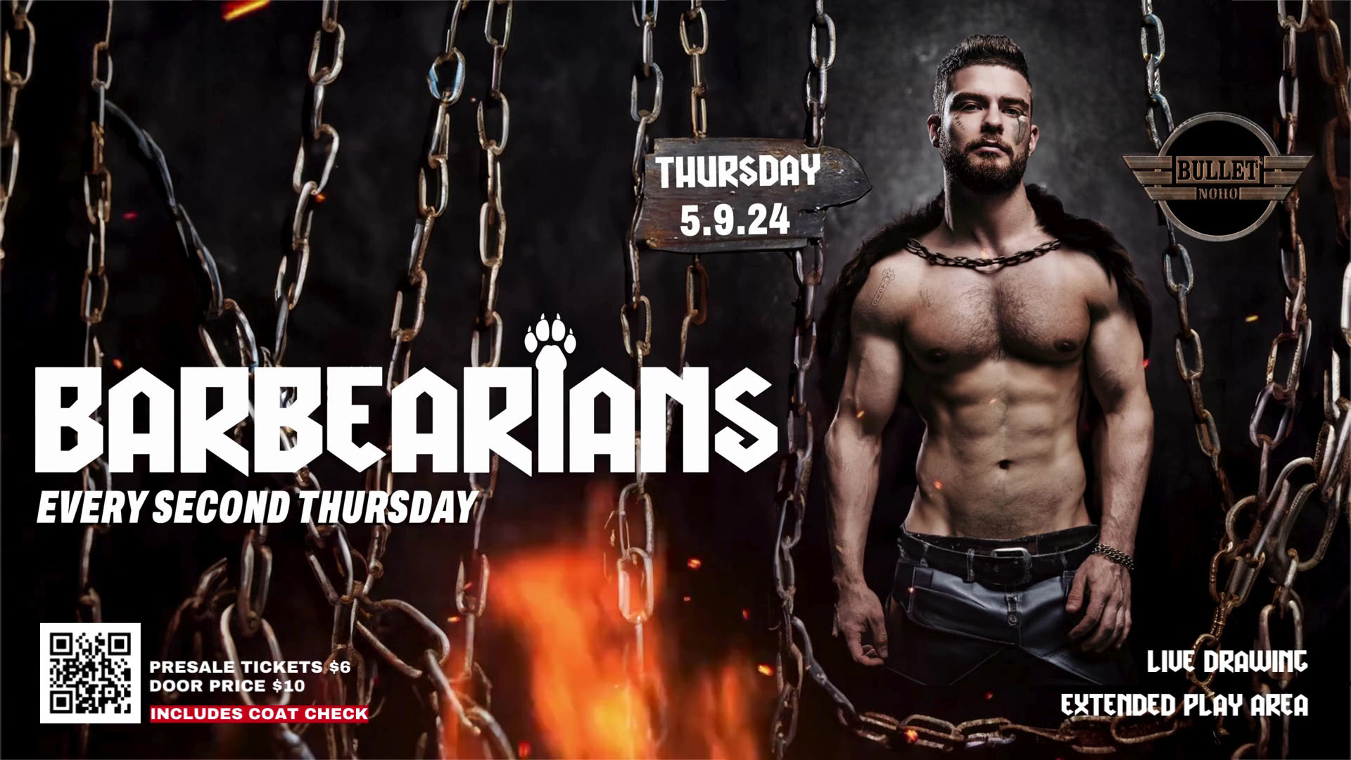 THE BULLET BAR Presents BARBEARIANS, A Bear & Leather Event: Thursday, 05/09/24 at 9:00 PM. Presale Tickets $6 and Door Cover $10. Presales: https://www.eventbrite.com/e/barbearians-the-bullet-noho-tickets-881619767457