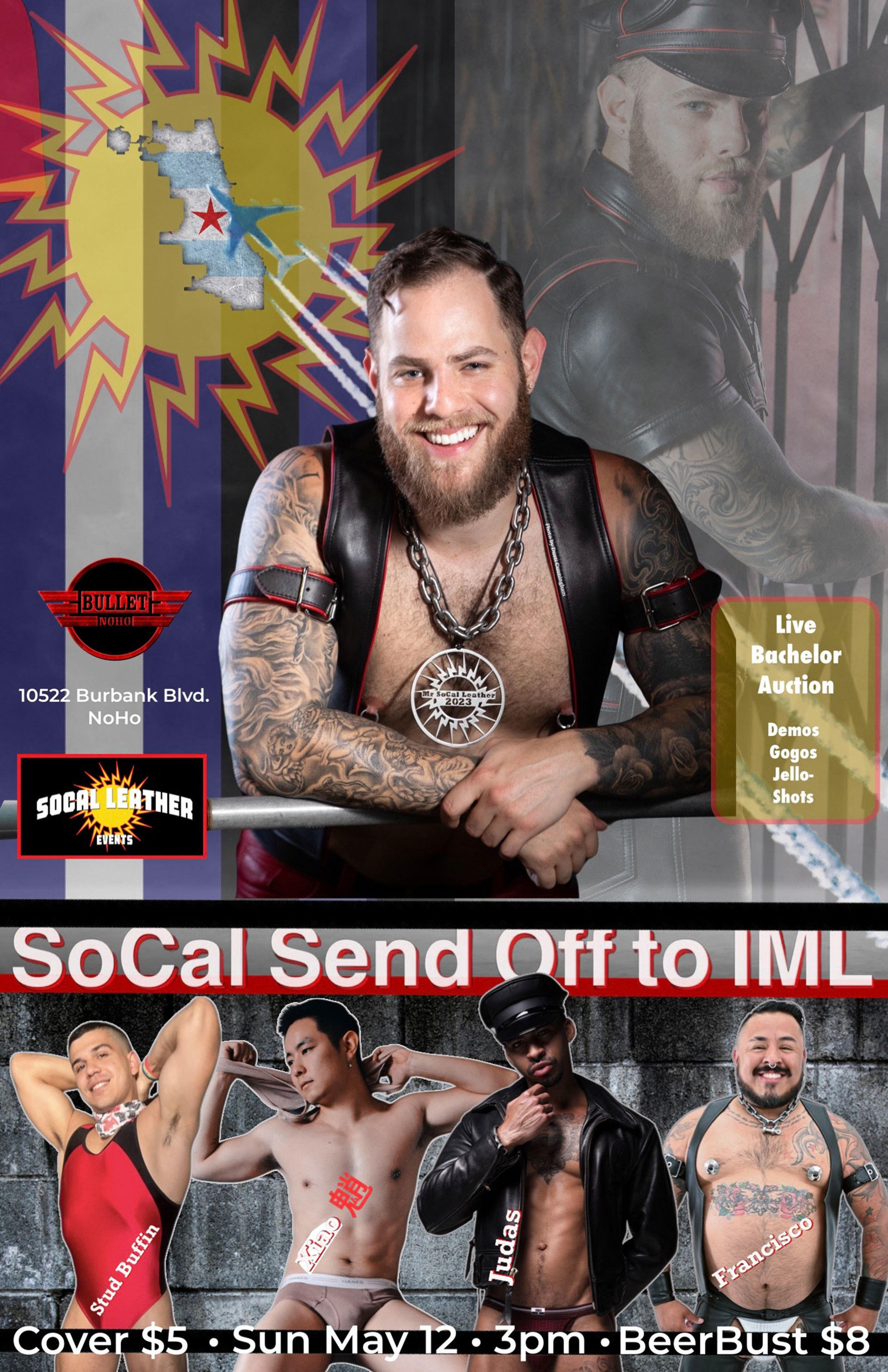 The Bullet Bar and SoCal Leather Events Presents SoCal Send Off to IML: Sunday, 05/12/24 from 3:00 PM to 8:00 PM. Cover $5, or Beer Bust $8.
