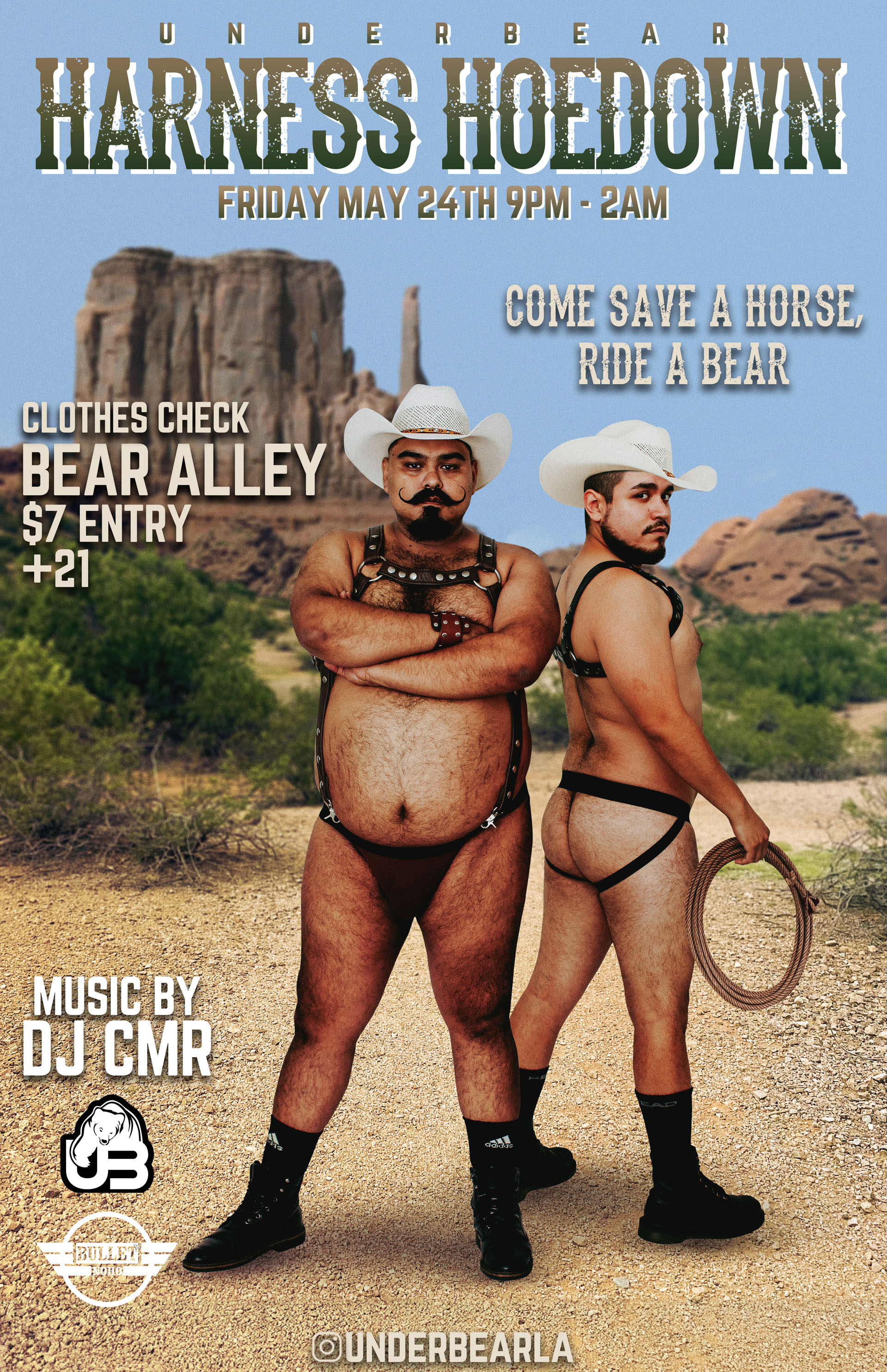 The Bullet Bar and UnderBearParty.com Present UNDERBEAR: HARNESS HOEDOWN with DJ CMR: Friday, 05/26/24 at 9:00 PM! BEAR ALLEY! Free Clothes Check! $7 Cover.