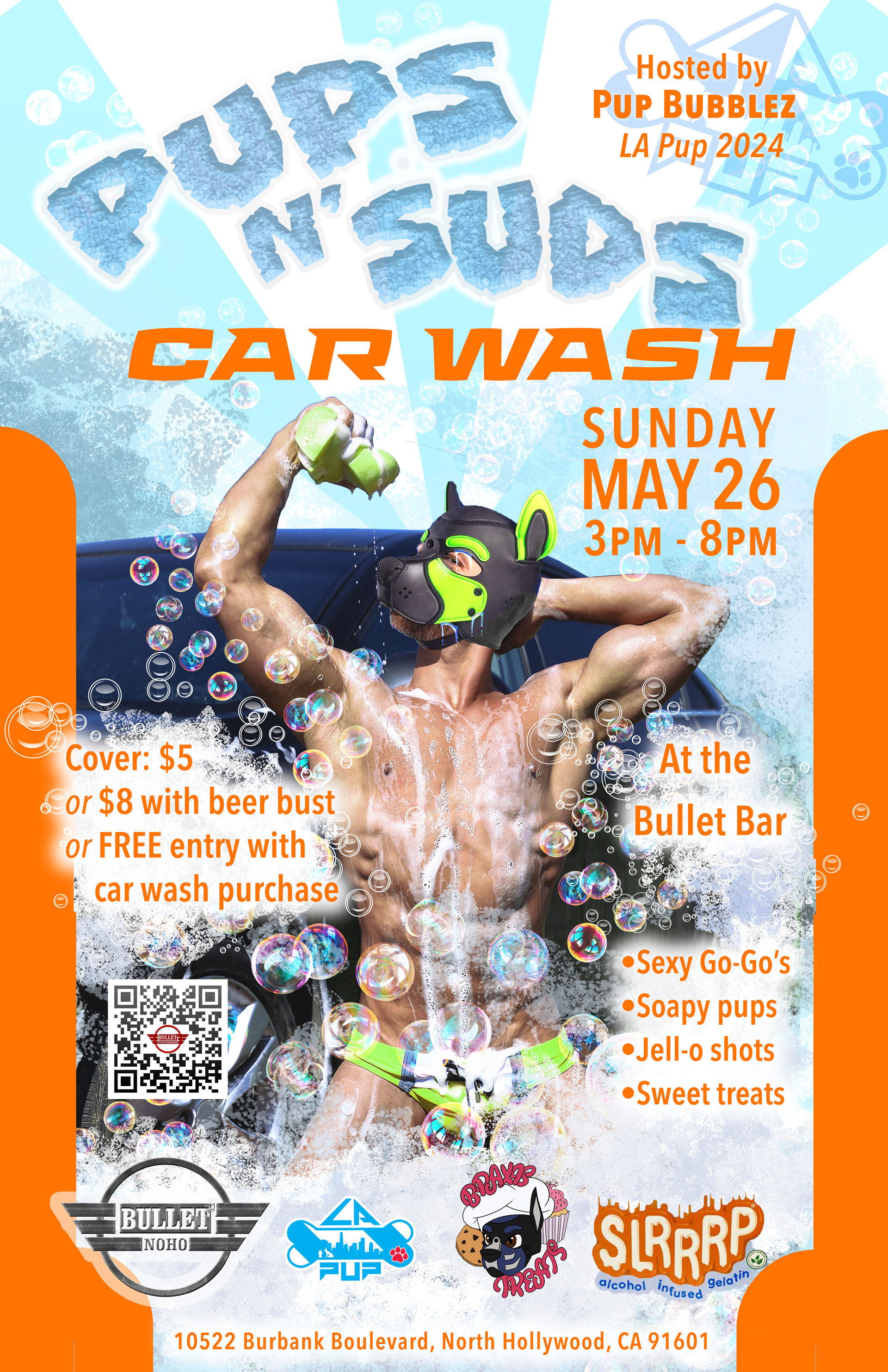 THE BULLET BAR and PUP BUBBLEZ Present PUPS N' SUDS CAR WASH: Sunday, 05/26/24 at 3:00 PM. Sexy GoGos! Soapy Pups! Jell-O Shots! Sweet treats! $5 cover, or $8+Beer Bust, or FREE entry with car wash purchase.