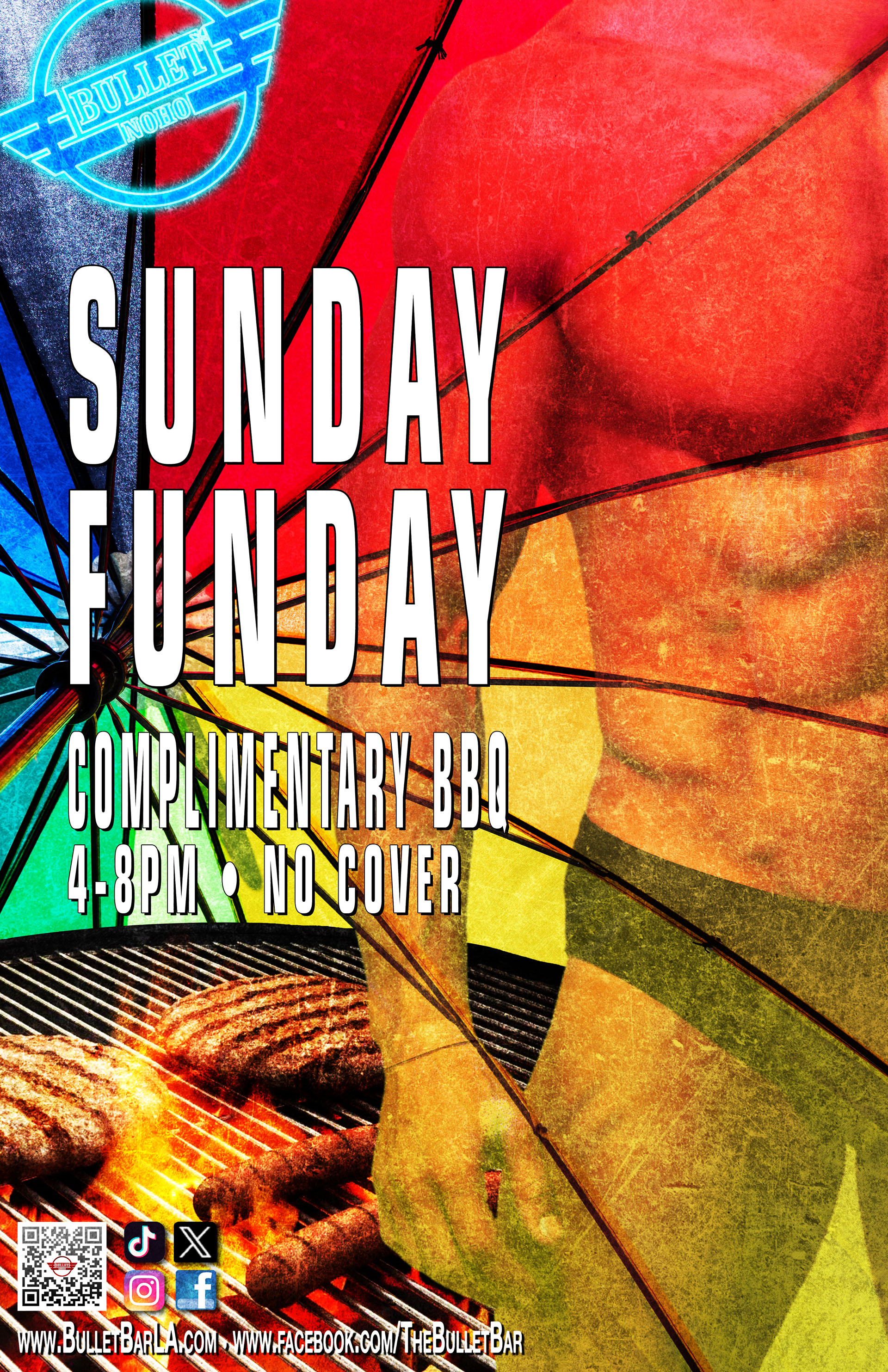 SUNDAY FUNDAY COMPLIMENTARY BBQ at THE BULLET BAR: Sunday, 03/30/25 from 4:00 PM to 8:00 PM. No cover.
