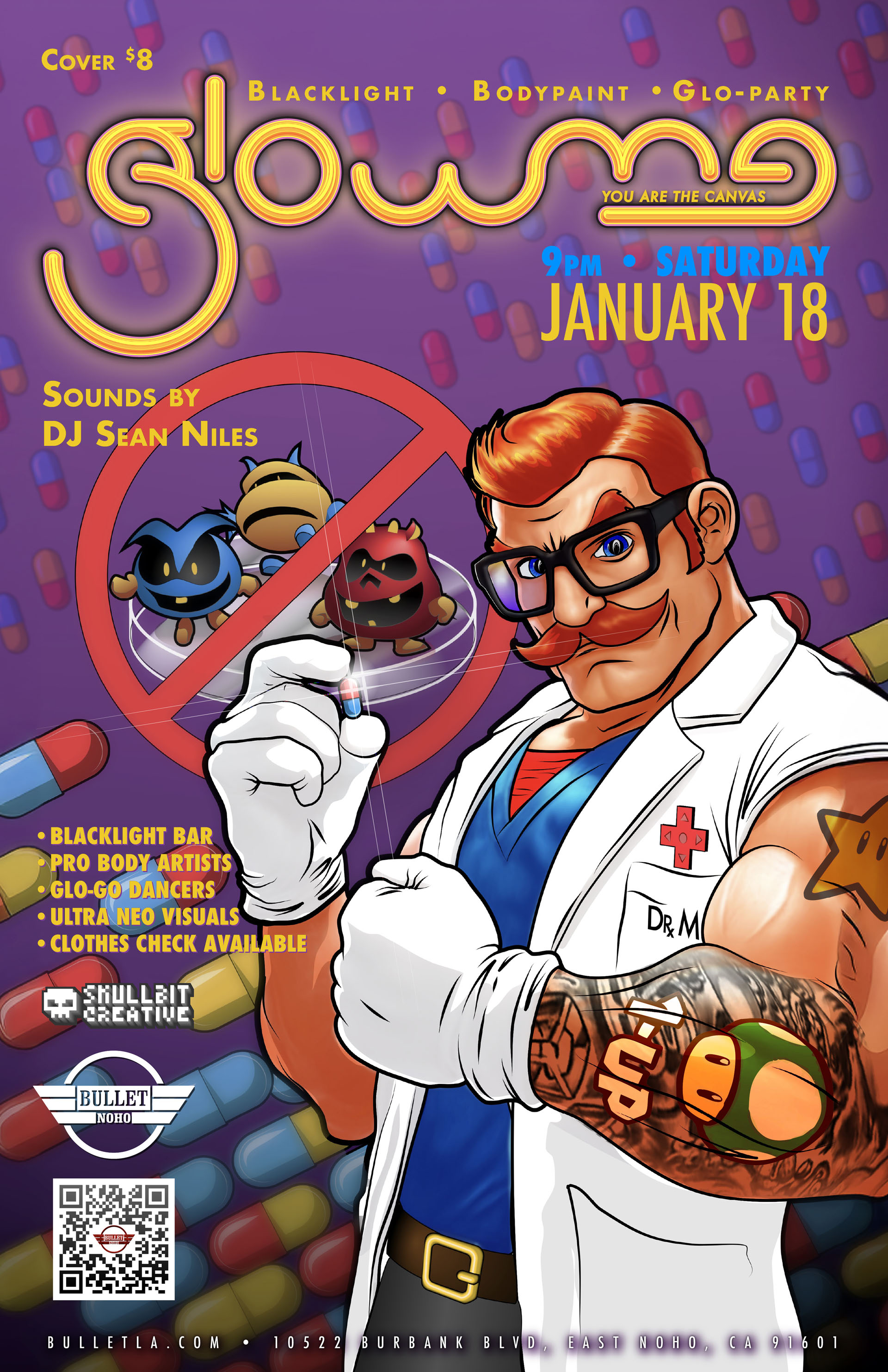 THE BULLET BAR & SKULLBIT CREATIVE Present GLOW ME! Featuring DJ SEAN NILES: Saturday, 01/18/25 at 9:00 PM. $8 cover.