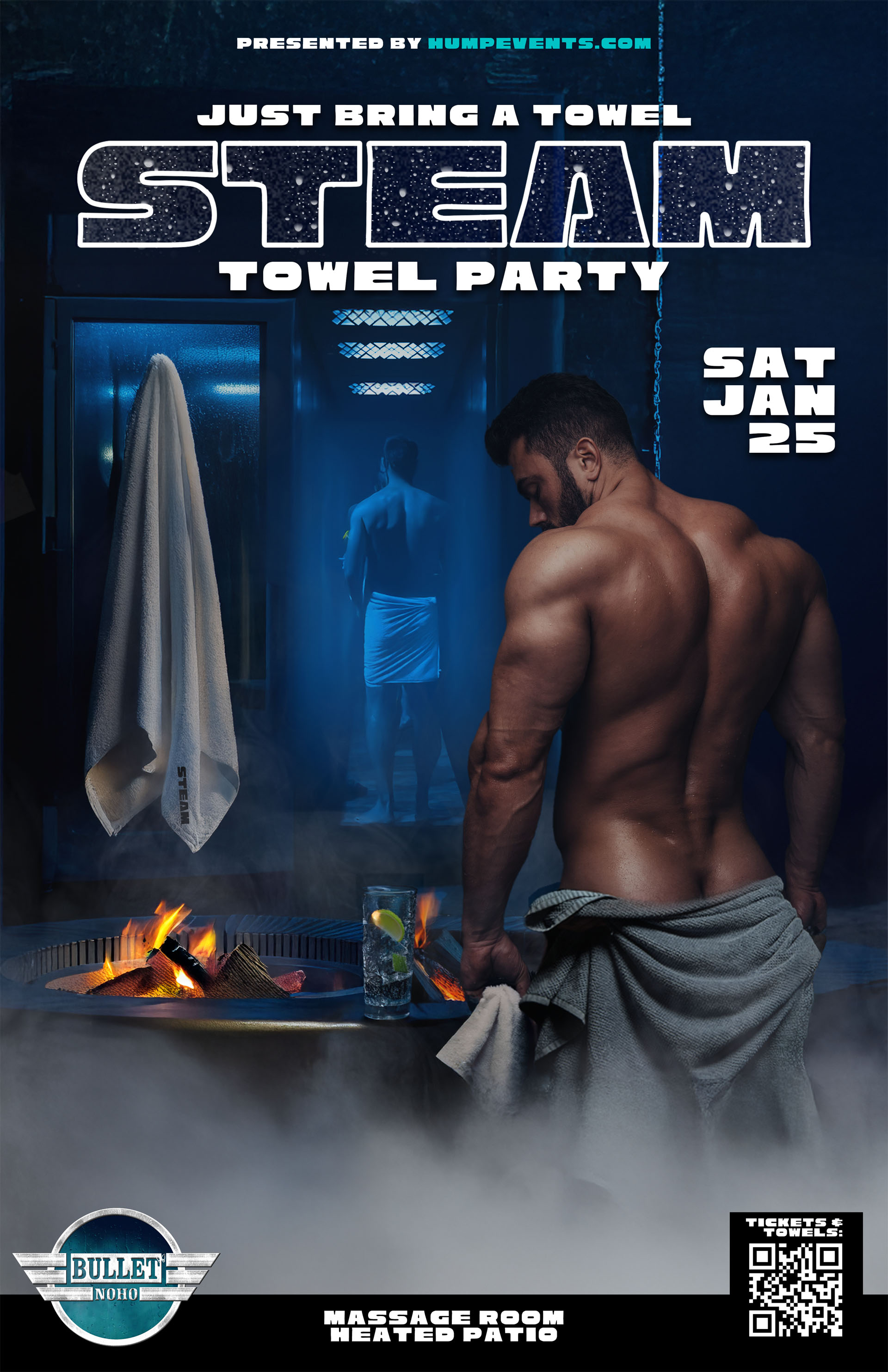 THE BULLET BAR and HUMP EVENTS Present STEAM PARTY LA: Saturday, 01/25/25 at 9:00 PM. Massage Room! Heated Patio! Presale Tickets $8, or Door Cover $12.