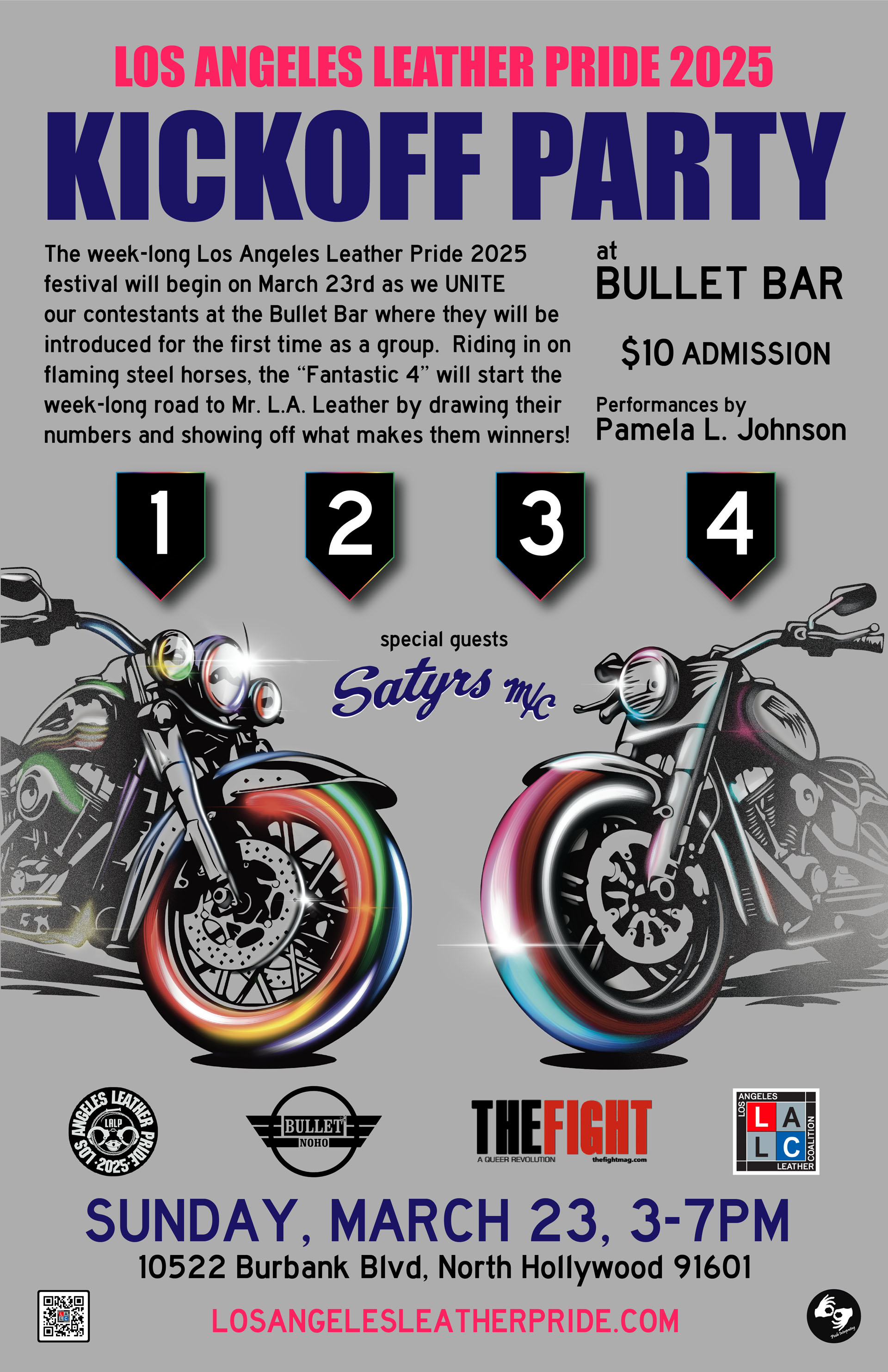 THE BULLET BAR proudly hosts the LOS ANGELES LEATHER PRIDE KICKOFF PARTY: Sunday, 03/23/25 from 3:00 PM to 7:00 PM. 4 Bars, Cigar Bar, Vendor Mart, Free BBQ, Go-Go Dancers! $10 cover.