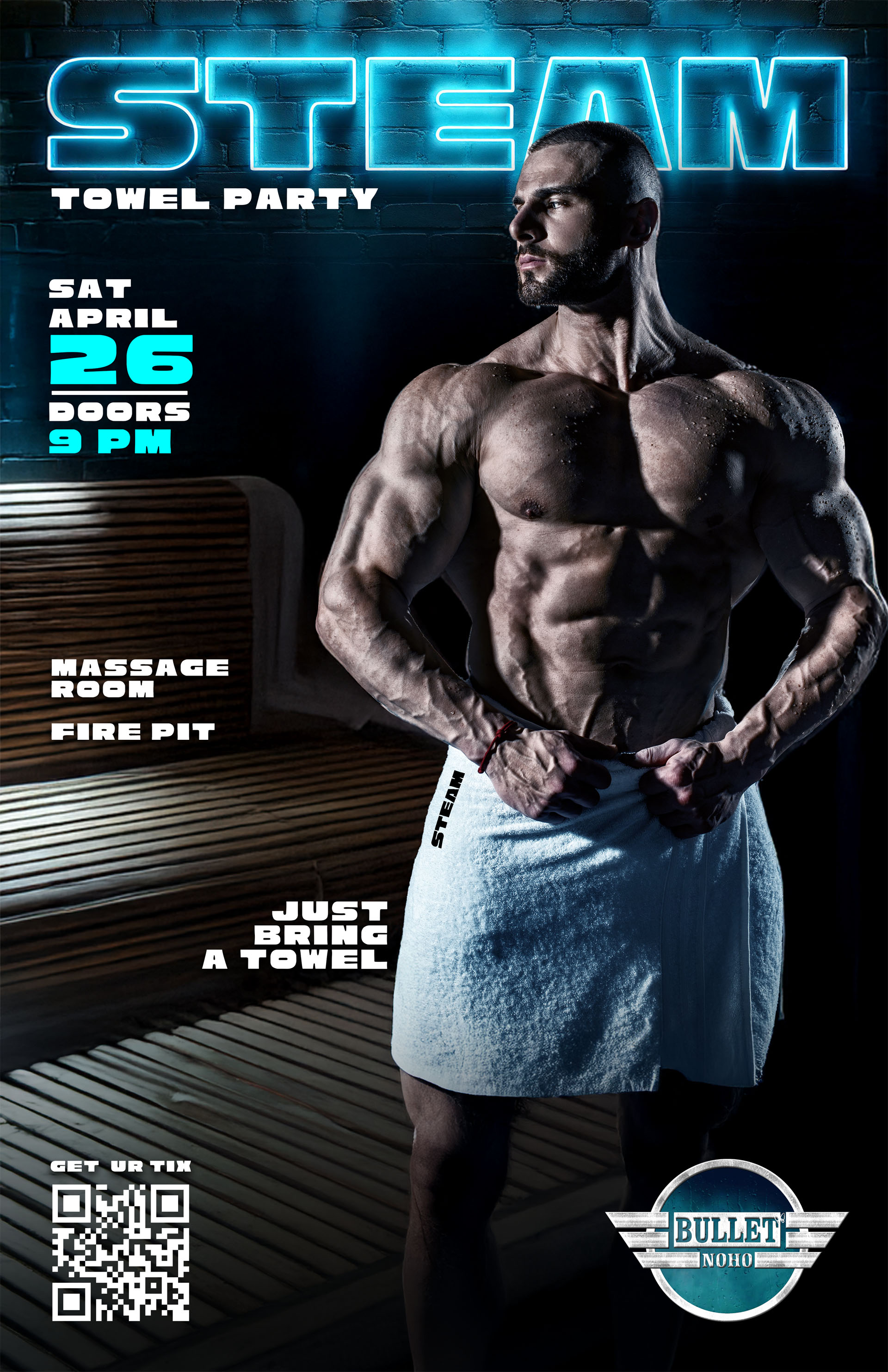 THE BULLET BAR and HUMP EVENTS Present STEAM BATH TOWEL PARTY: Saturday, 04/26/25 at 9:00 PM. Massage Room! Heated Patio! Presale Tickets $8, or Door Cover $12.