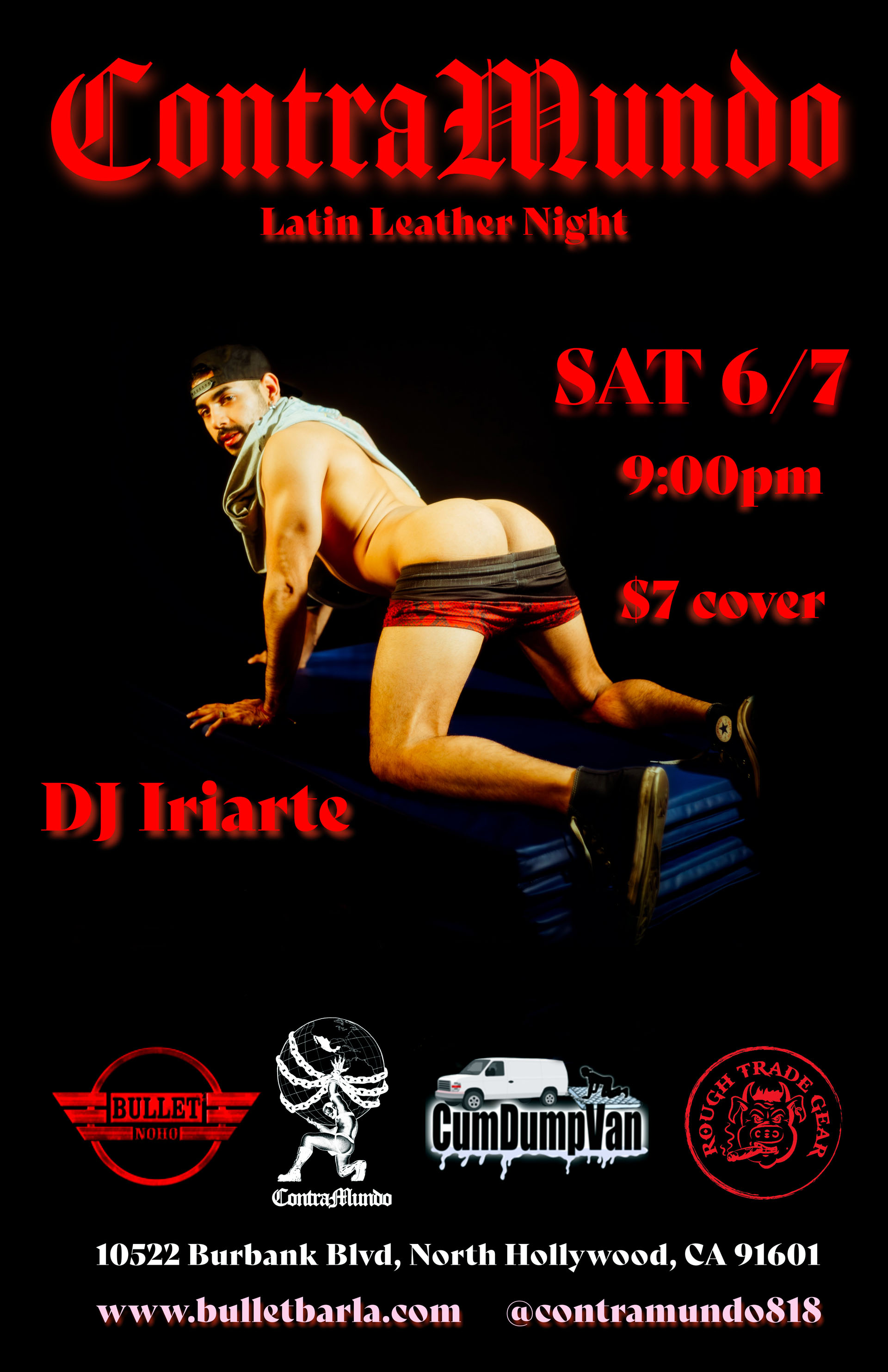 THE BULLET BAR Presents CONTRAMUNDO, LATIN LEATHER NIGHT! The First Saturday of the Month. 06/07/25 at 9:00 PM. Featuring DJ IRIARTE! $7.00 cover.