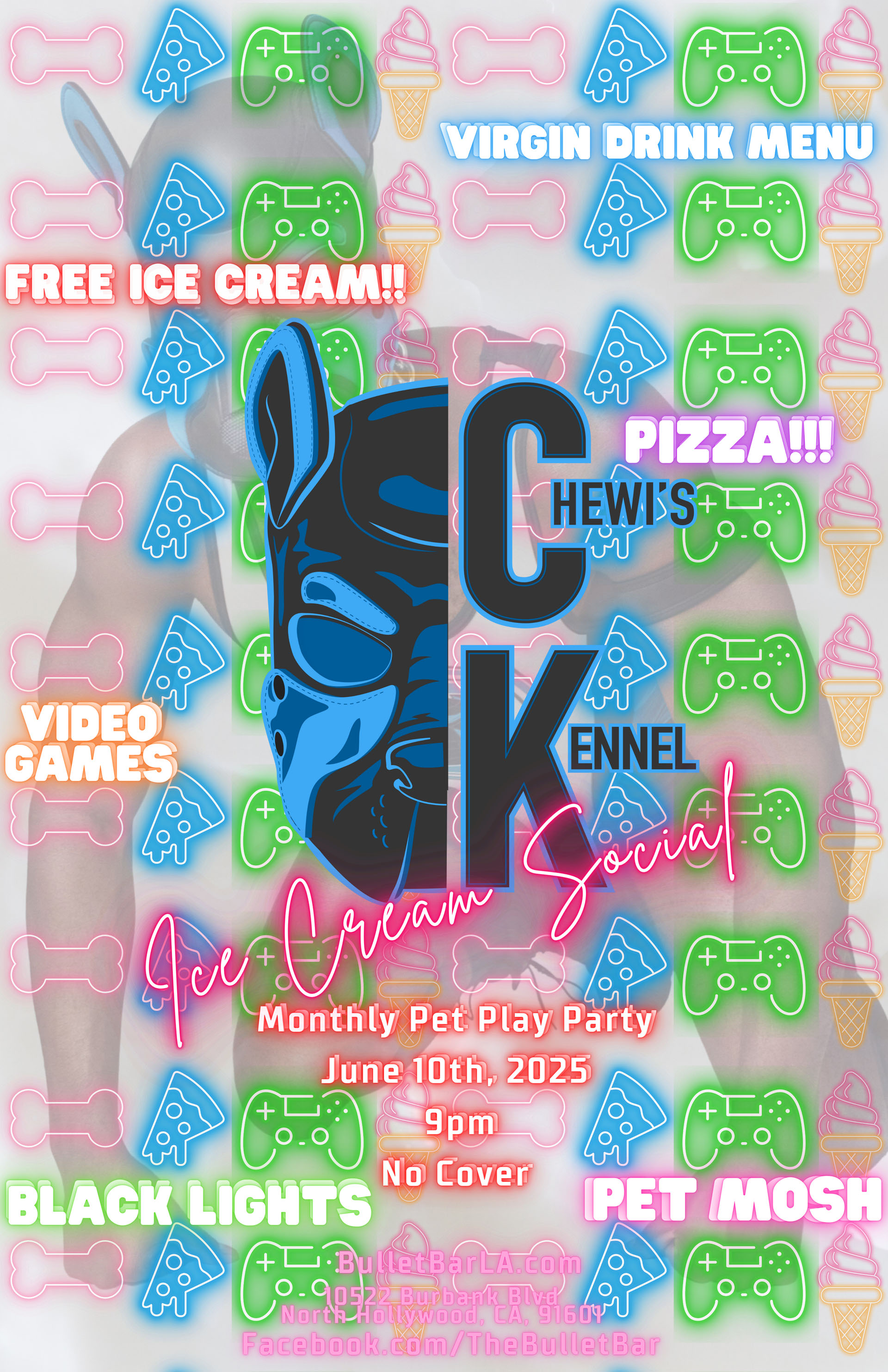 The Bullet Bar invites you to CHEWI'S KENNEL ICE CREAM SOCIAL: Tuesday, 06/11/25 at 9:00 PM! PET MOSH, Black Lights, Virgin Drink Menu! Free Ice Cream! Video Games! No cover.