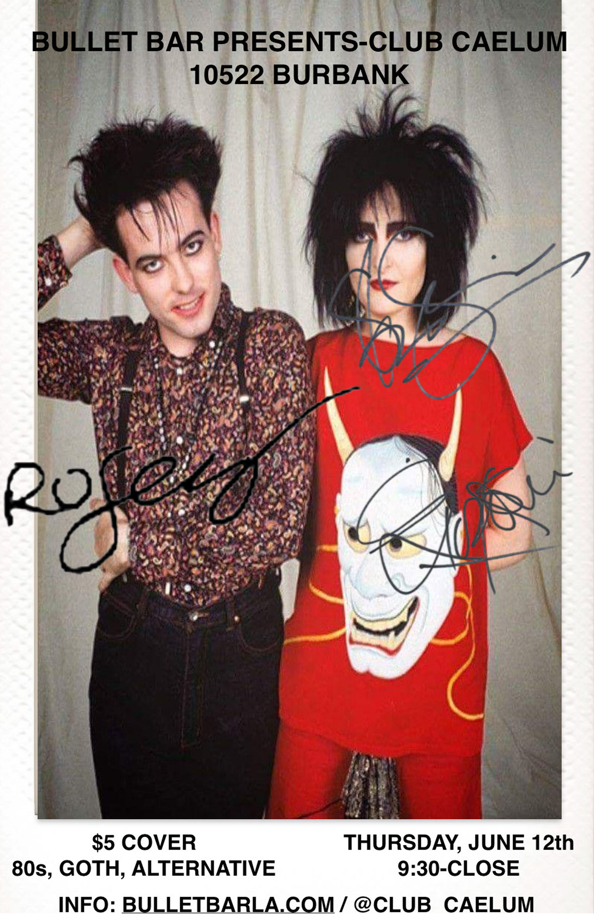 THE BULLET BAR Presents CLUB CAELUM: Thursday, 06/12/25 from 9:30 PM to Close. 80s, Goth, Alternative. $5 cover.