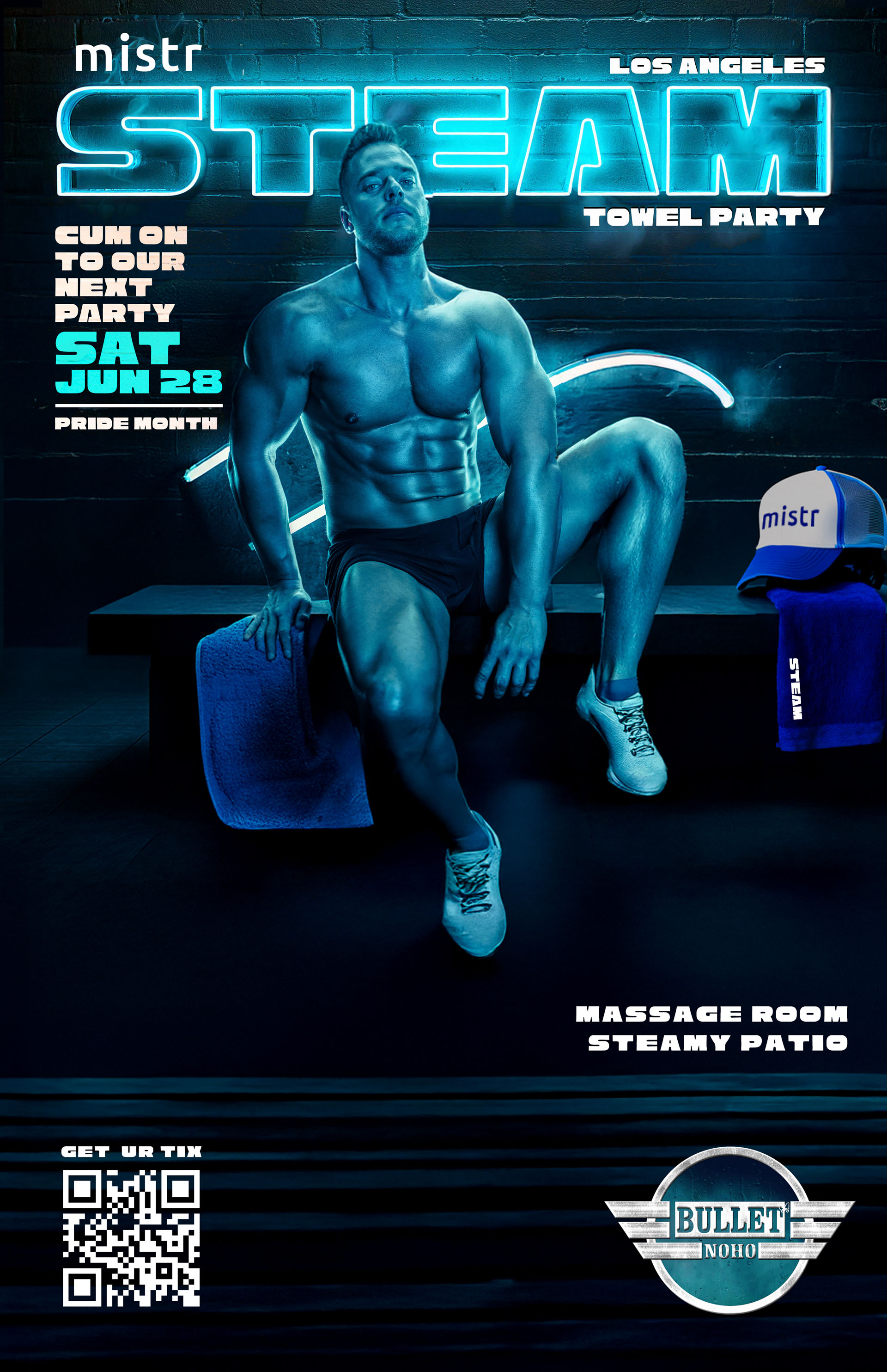 THE BULLET BAR and HUMP EVENTS Present STEAM TOWEL PARTY LA: Saturday, 06/28/25 at 9:00 PM. Massage Room! Heated Patio! Presale Tickets $8, or Door Cover $12.