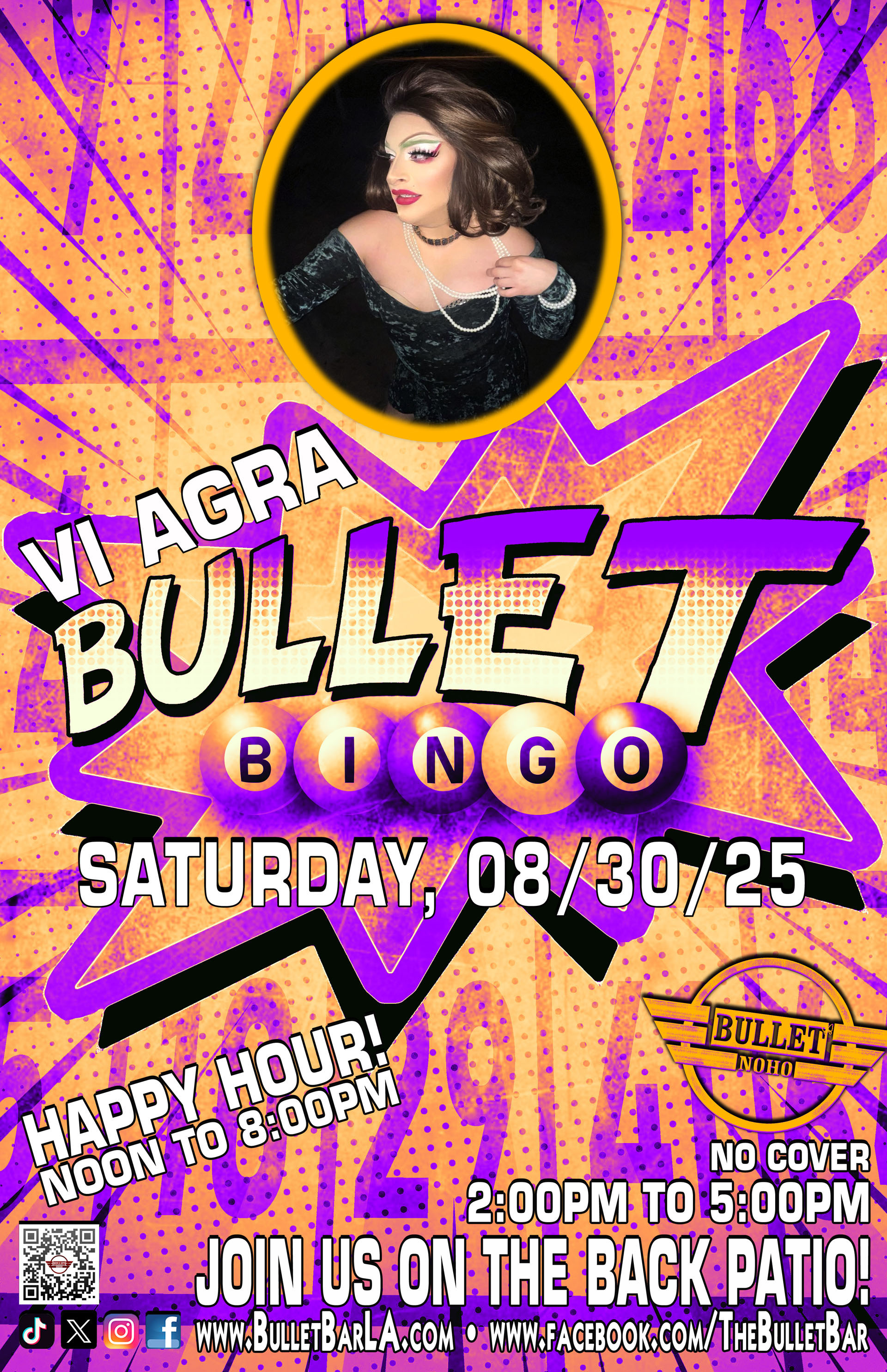 The Bullet Bar Presents BULLET BINGO Hosted by VI AGRA: Saturday, 08/30/25 at 2:00 PM on our back patio! No cover.