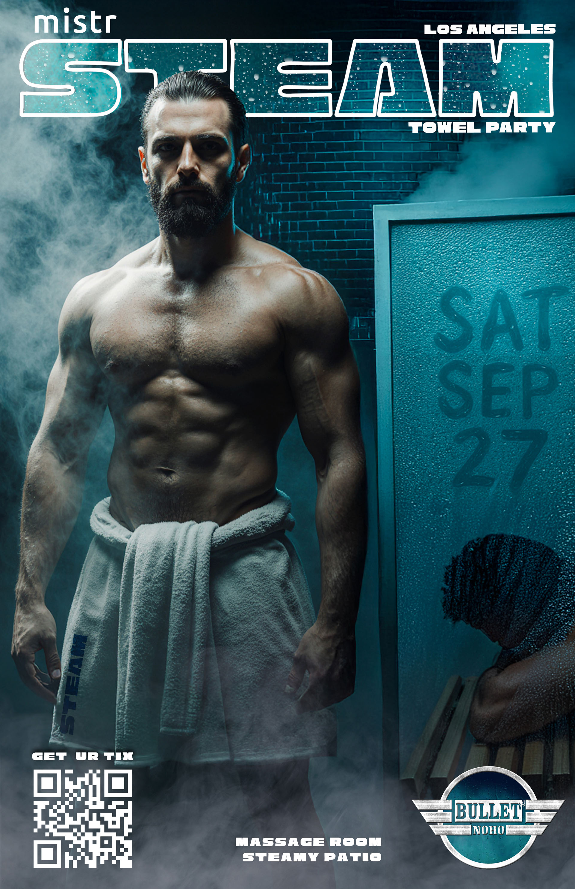 THE BULLET BAR and HUMP EVENTS Present STEAM BATH TOWEL PARTY LA: Saturday, 09/27/25 at 9:00 PM. Massage Room! Steamy Patio! Presale Tickets $8, or Door Cover $12.