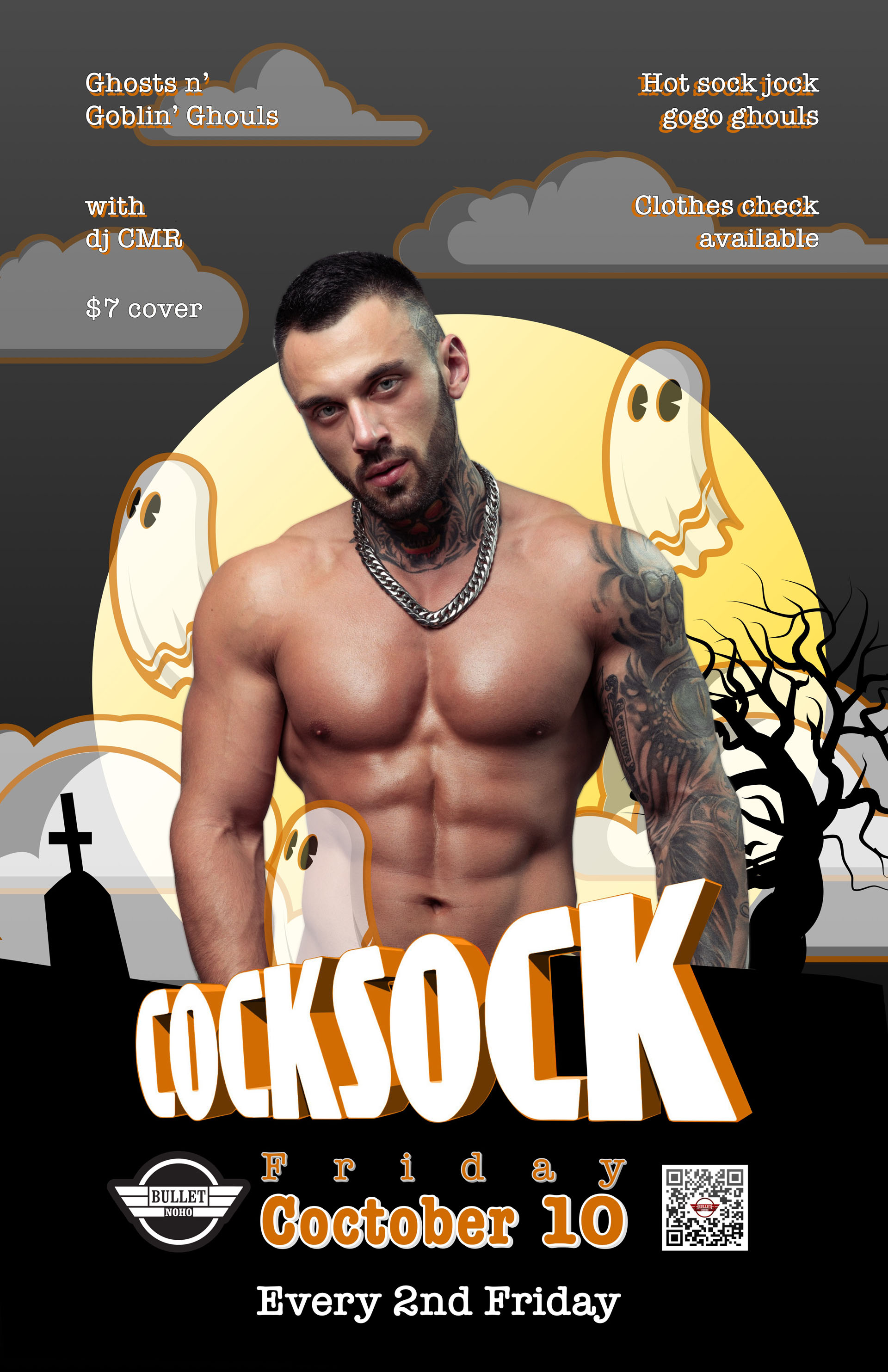 THE BULLET BAR & SKULLBIT CREATIVE Present COCKSOCK HALLOWEEN: Friday, 10/10/25 at 9:00 PM. Featuring DJ CMR! $7 cover. Clothes Check available. A portion of the proceeds will go to benefit research for testicular cancer.