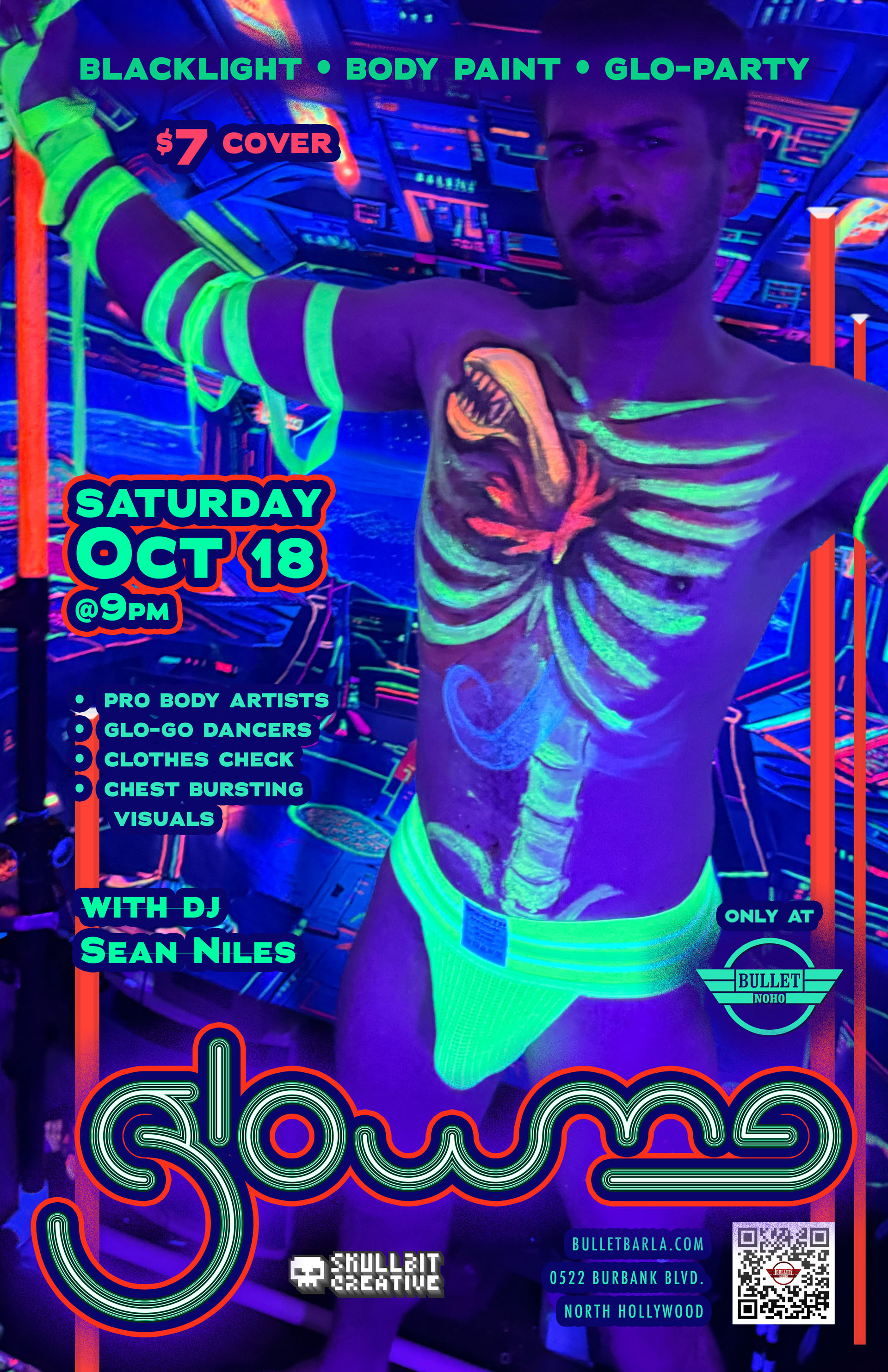 THE BULLET BAR & SKULLBIT CREATIVE Present GLOW ME: HALLOWEEN! Featuring DJ ZEVASTATED: Saturday, 10/18/25 at 9:00 PM. $7 cover.