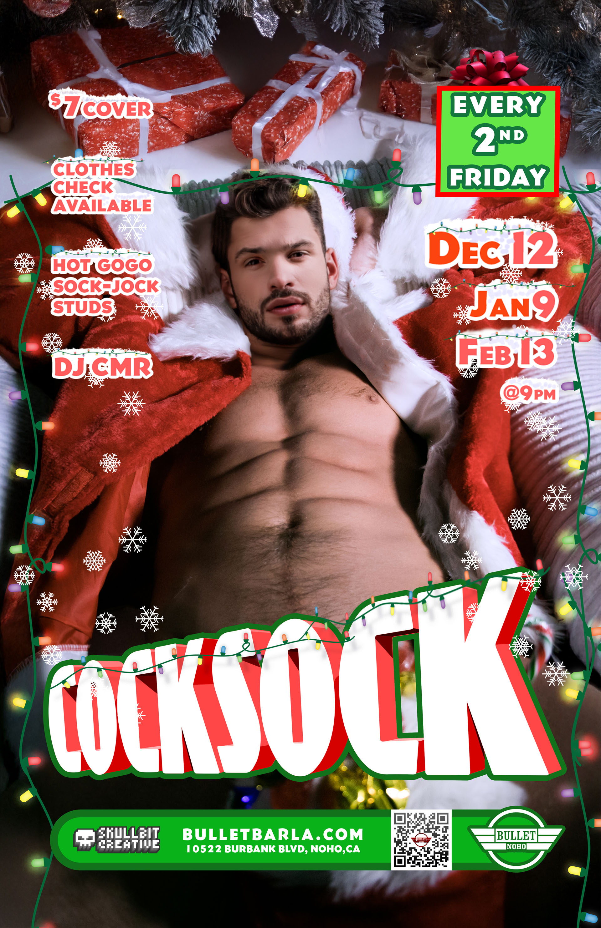 THE BULLET BAR & SKULLBIT CREATIVE Present COCKSOCK: Friday, 12/12/25 at 9:00 PM. Featuring DJ CMR! $7 cover. Clothes Check available. A portion of the proceeds will go to benefit research for testicular cancer.