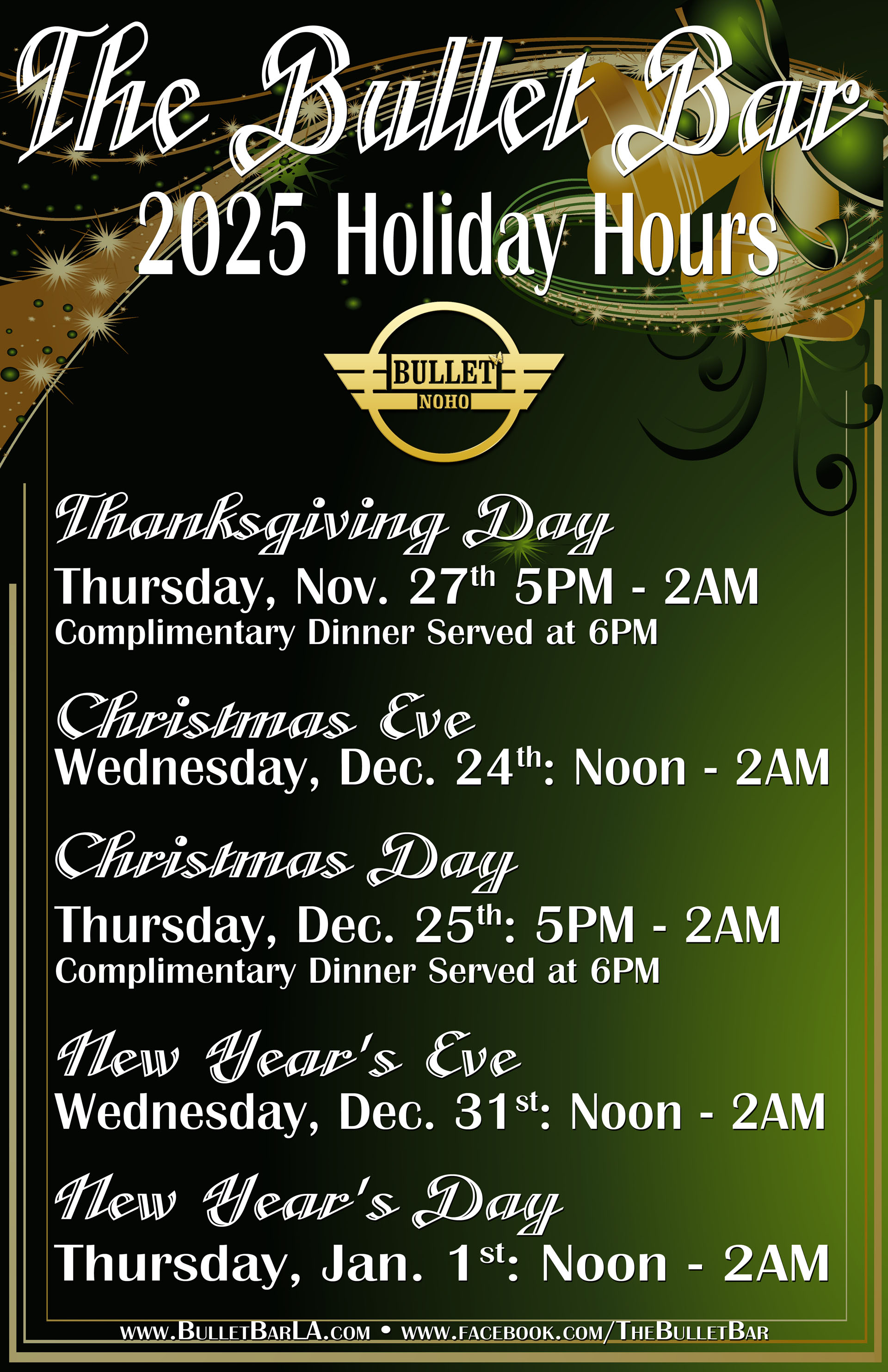 The Bullet Bar's Holiday Hours for 2025