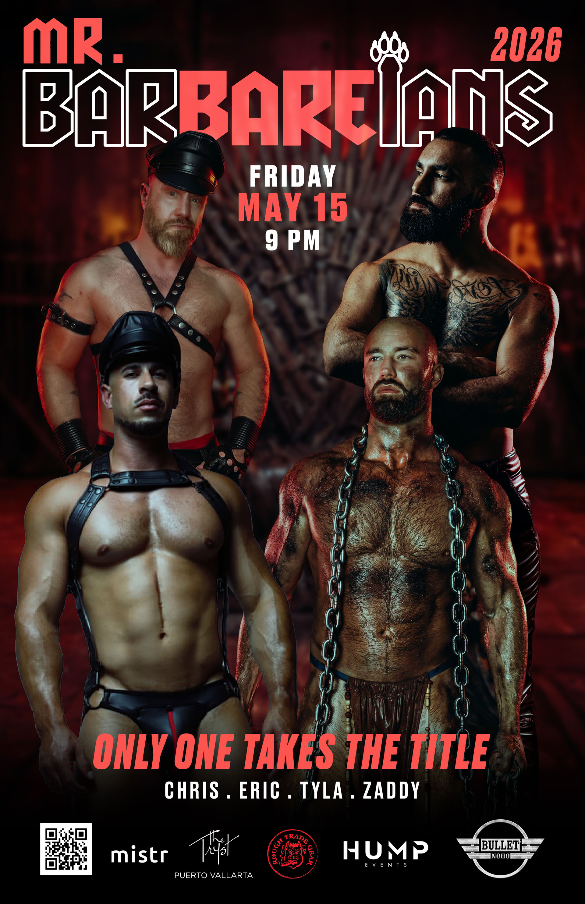Mr. BarBareians 2026 Leather & Gear Contest @ THE BULLET BAR: Friday, 05/15/26 at 9:00 PM! $8 Presale/$10 General Admission.