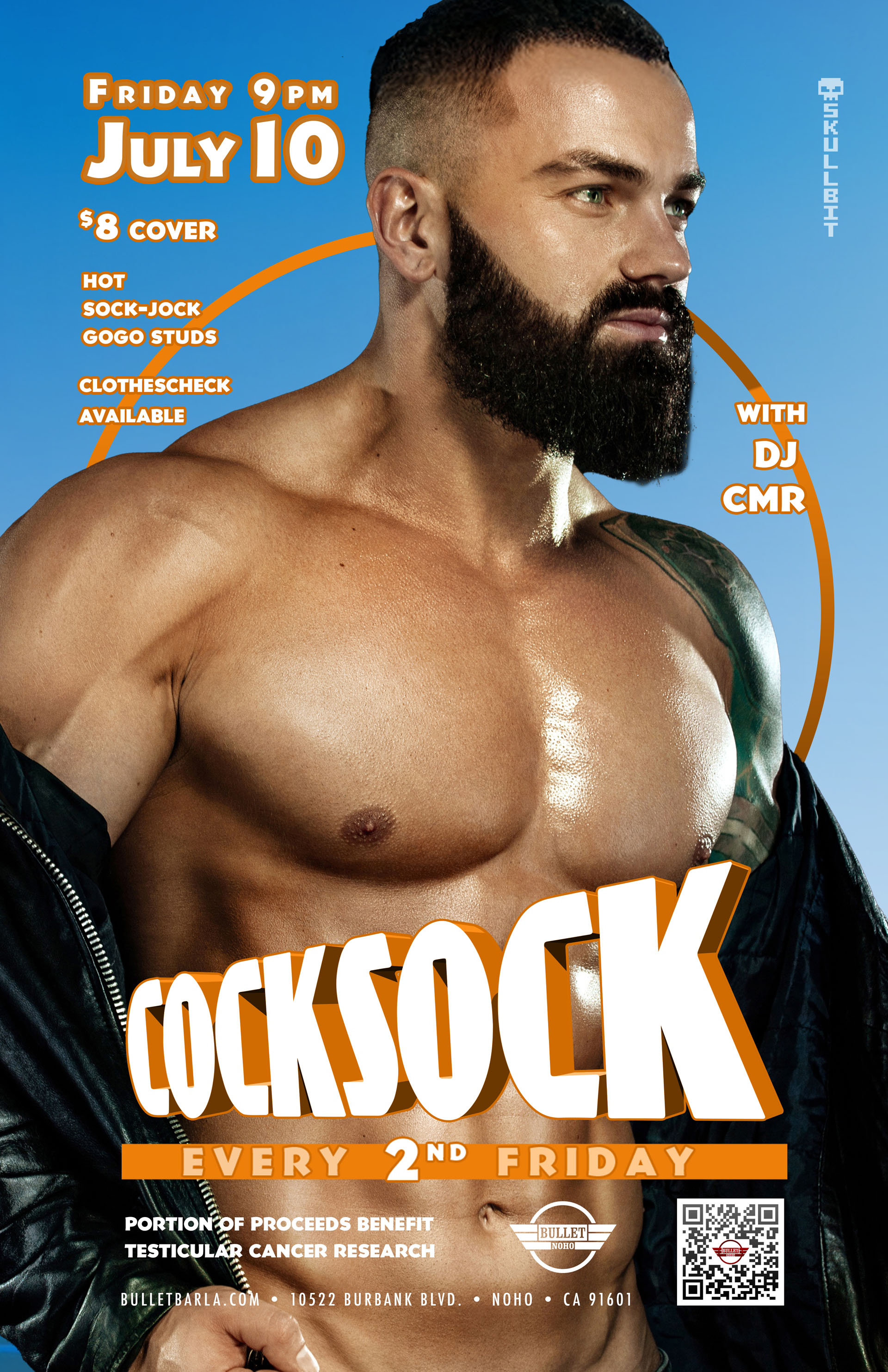 THE BULLET BAR & SKULLBIT CREATIVE Present COCKSOCK: Friday, 07/10/26 at 9:00 PM. Featuring DJ CMR! $8 cover. Clothes Check available. A portion of the proceeds will go to benefit research for testicular cancer.