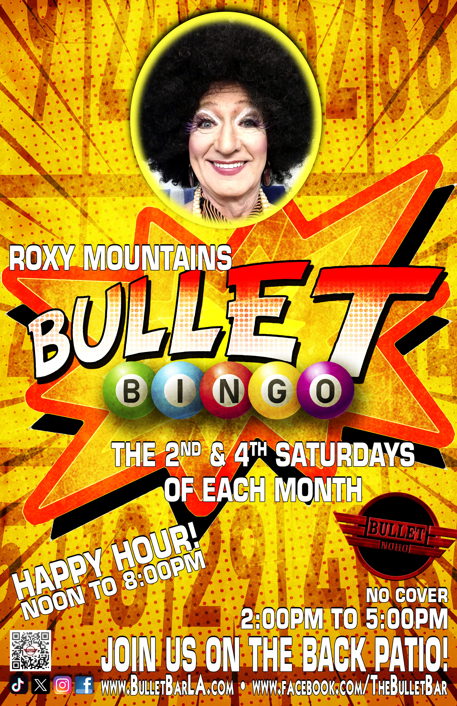 The Bullet Bar Presents BULLET BINGO with ROXY MOUNTAINS: The 2ND, 4TH (& 5TH) Saturdays of the month, 2:00 PM to 5:00 PM on our back patio! Featuring HAPPY HOUR PRICING! No cover.