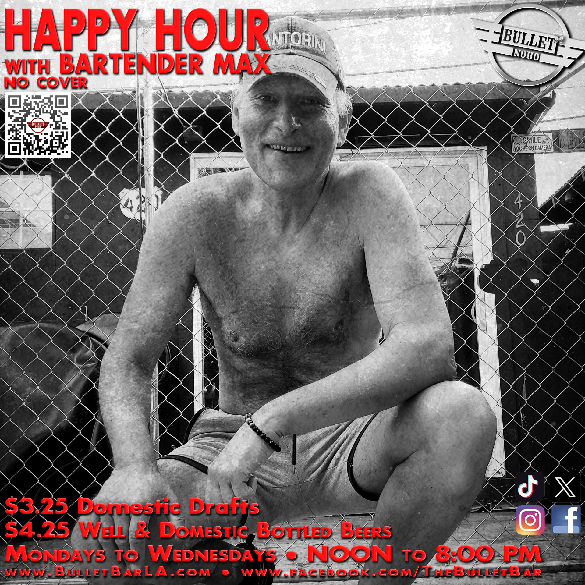The Bullet Bar: Happy Hour with MAX! All Well Drinks and Domestic Bottled Beers $4.25, Domestic Drafts $3.25. Monday thru Wednesday, Noon to 8:00 PM.