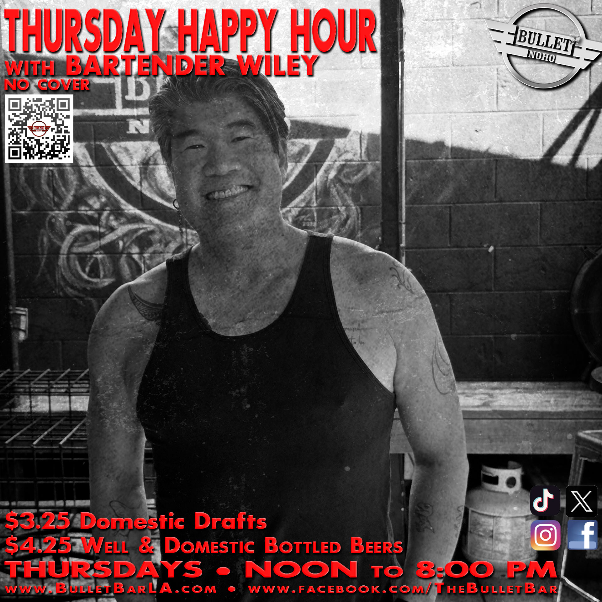The Bullet Bar: Happy Hour with WILEY! All Well Drinks and Domestic Bottled Beers $4.25, Domestic Drafts $3.25. Thursdays, Noon to 8:00 PM.