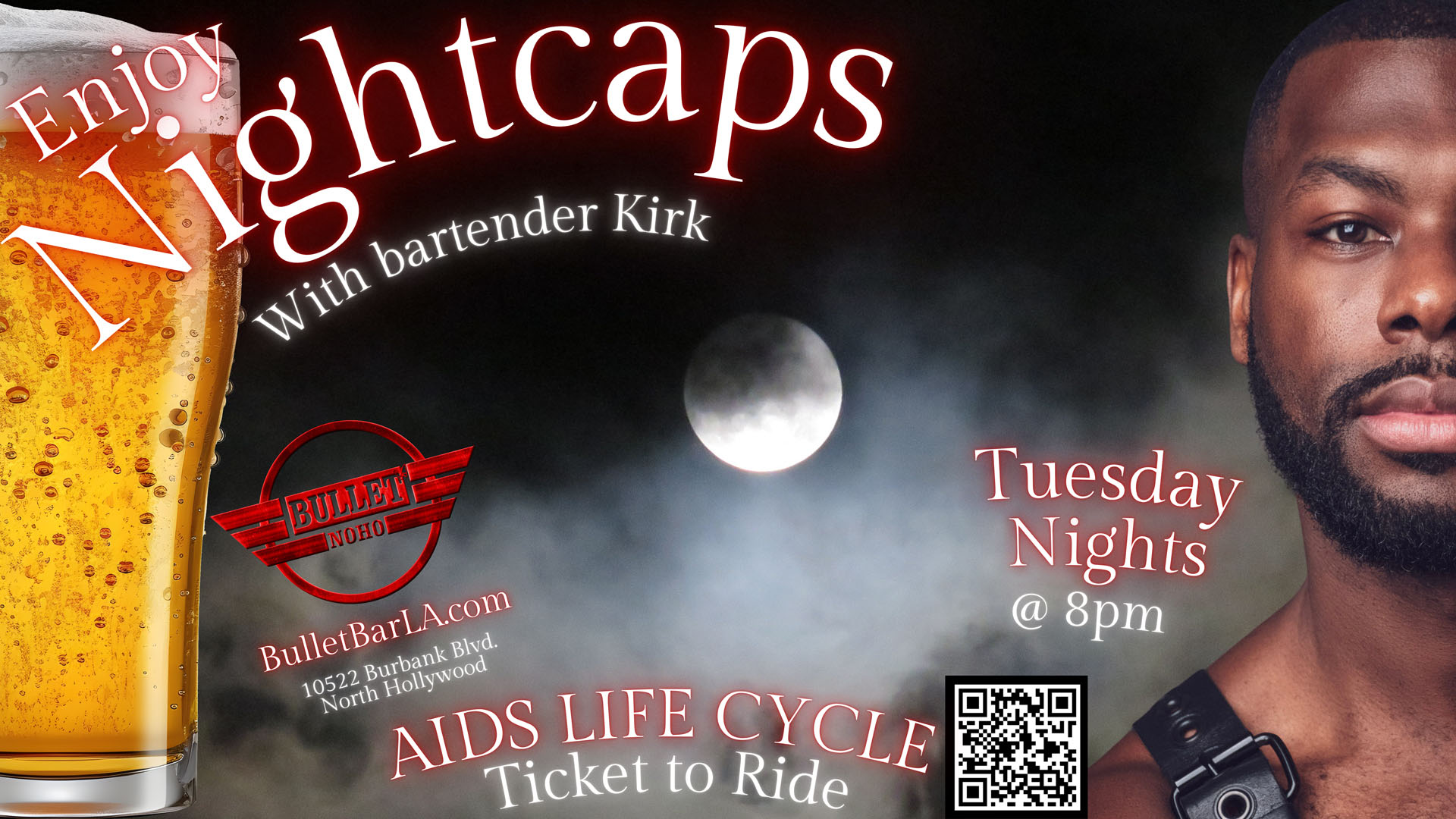 The Bullet Bar invites you to TUESDAY NIGHTS with BARTENDER KIRK: Tuesday Nights, 8:00 PM to 2:00 AM! No cover.