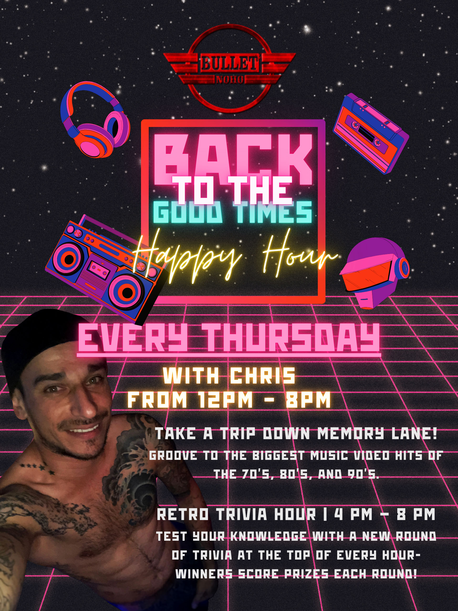 The Bullet Bar presents BACK TO THE GOOD TIMES HAPPY HOUR with CHRIS: Every Thursday from 12:00 PM to 08:00 PM, featuring RETRO TRIVIA HOUR from 04:00 PM to 08:00 PM! No cover.